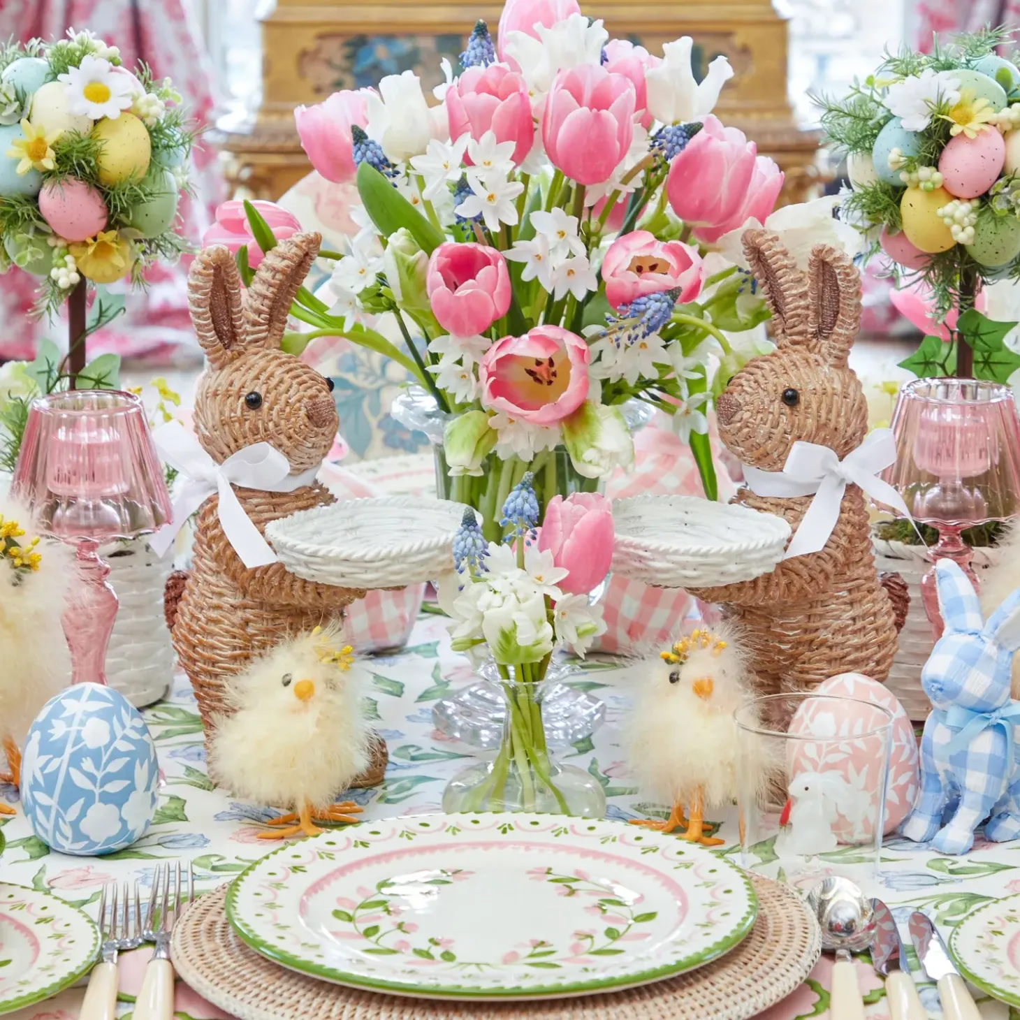 Rattan Ribboned Rabbit With Basket (Pair)