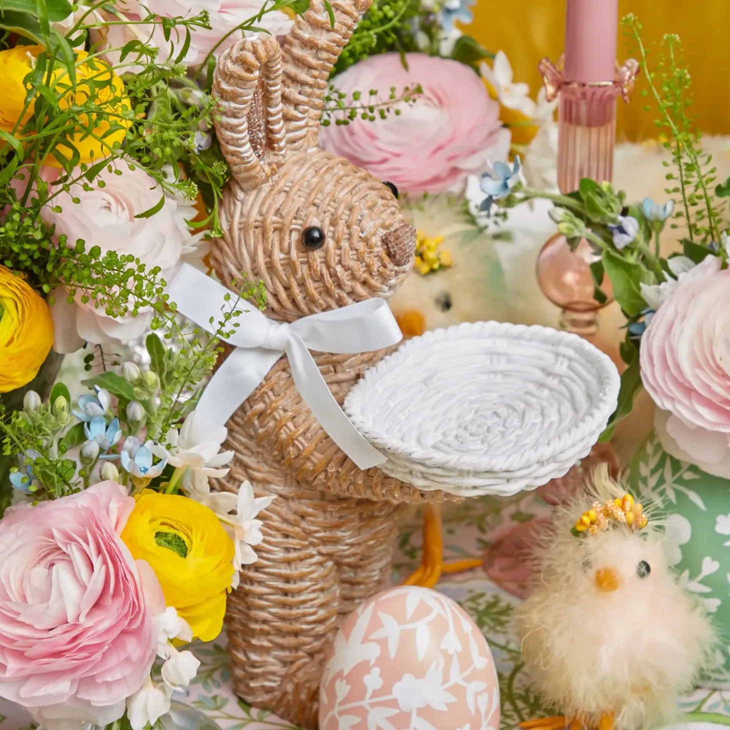 Rattan Ribboned Rabbit With Basket (Pair)