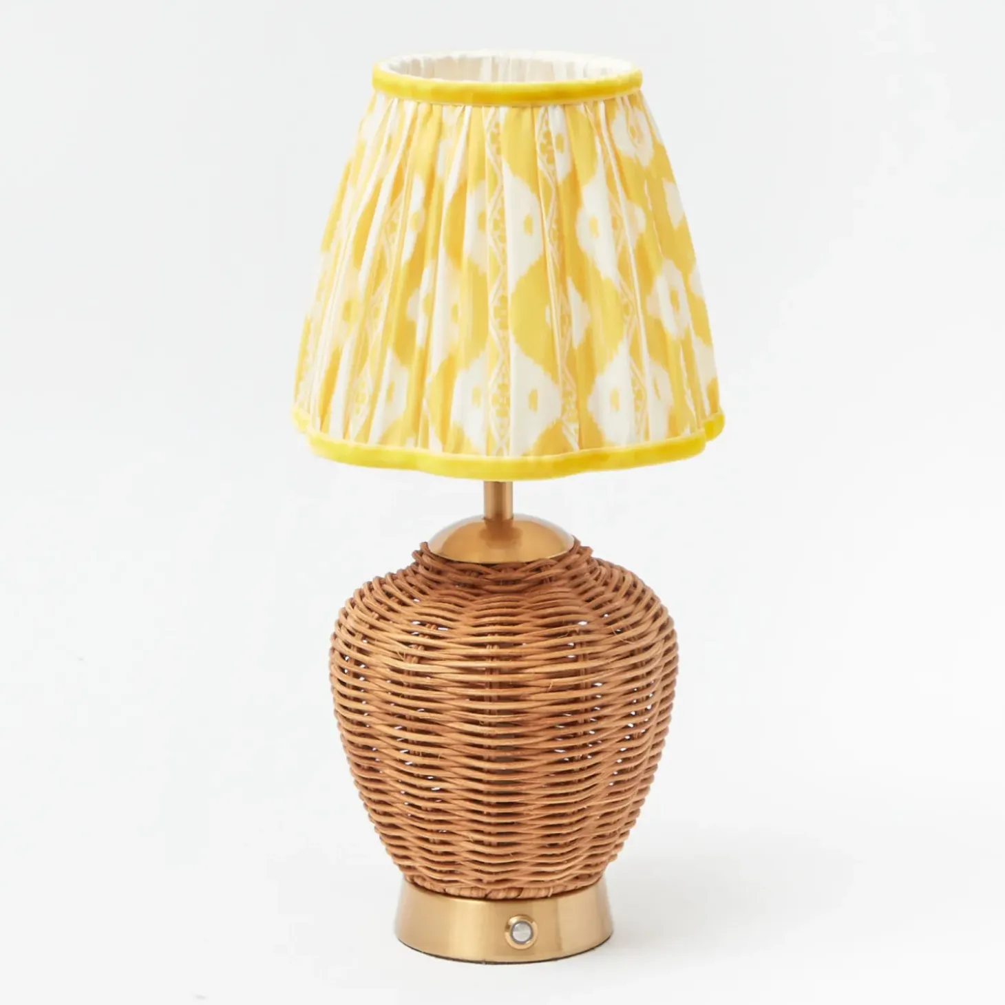 Rattan Ursula Rechargeable Lamp with Yellow Ikat Shade (18cm)
