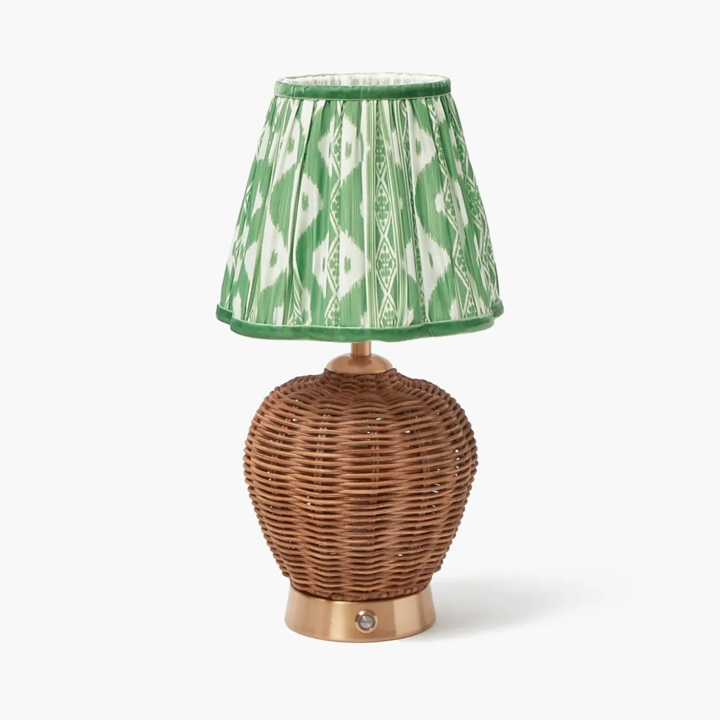 Rattan Ursula Rechargeable Lamp with Green Ikat Shade (18cm)