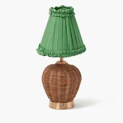 Rattan Ursula Rechargeable Lamp with Green Frilled Silk Shade (18cm)