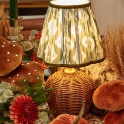 Rattan Ursula Rechargeable Lamp with Olive Ikat Shade (18cm)