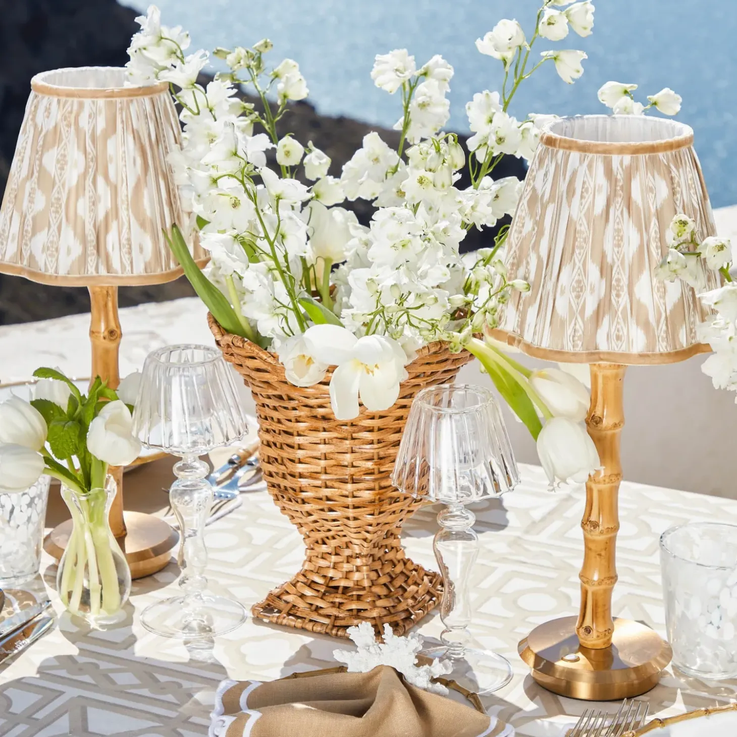 Rechargeable Bamboo Lamp with Putty Ikat Shade (18cm)