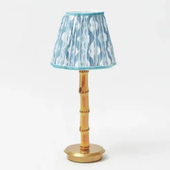 Rechargeable Bamboo Lamp with Blue Ikat Shade (18cm)