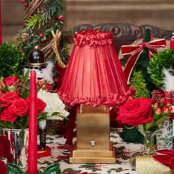 Rechargeable Lamp with Red Frilled Silk Shade (18cm)