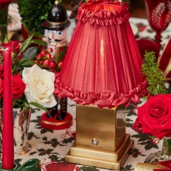 Rechargeable Lamp with Red Frilled Silk Shade (18cm)