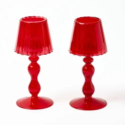 Red Glass Lantern Tea Light Holder (Pair) - 18 cm