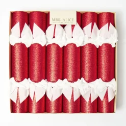 Red Glitter Crackers With White Velvet Bows (Set of 6)