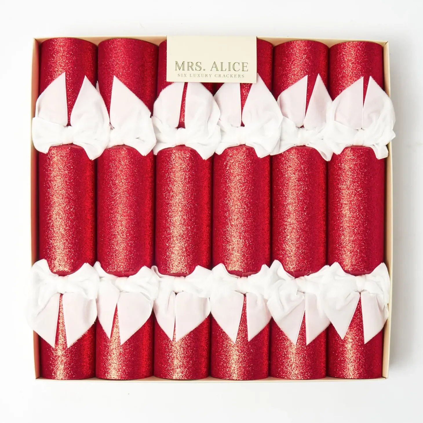 Red Glitter Crackers With White Velvet Bows (Set of 6)