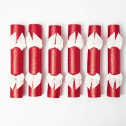 Red Glitter Crackers With White Velvet Bows (Set of 6)