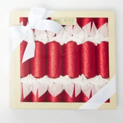 Red Glitter Crackers With White Velvet Bows (Set of 6)