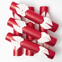 Red Glitter Crackers With White Velvet Bows (Set of 6)