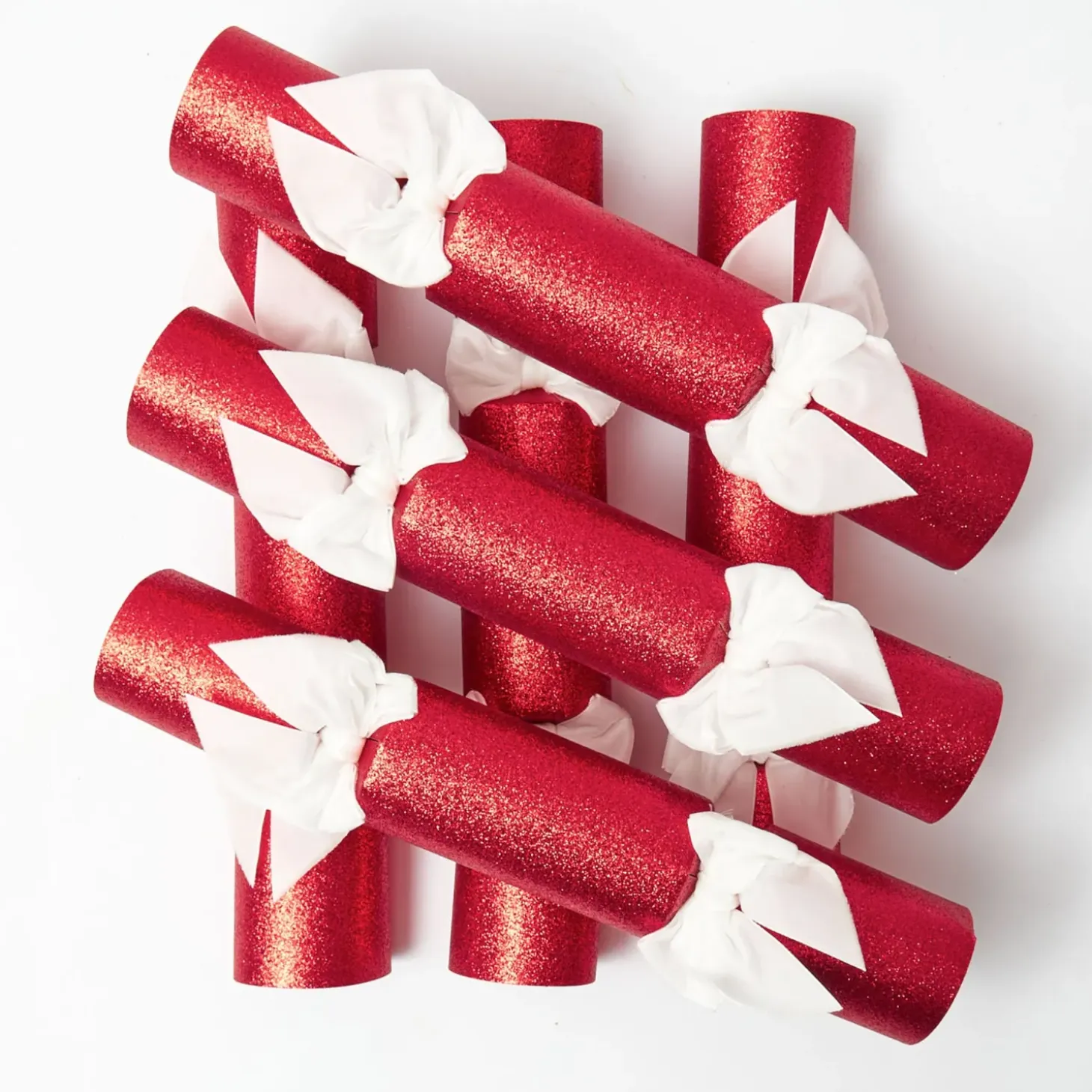 Red Glitter Crackers With White Velvet Bows (Set of 6)