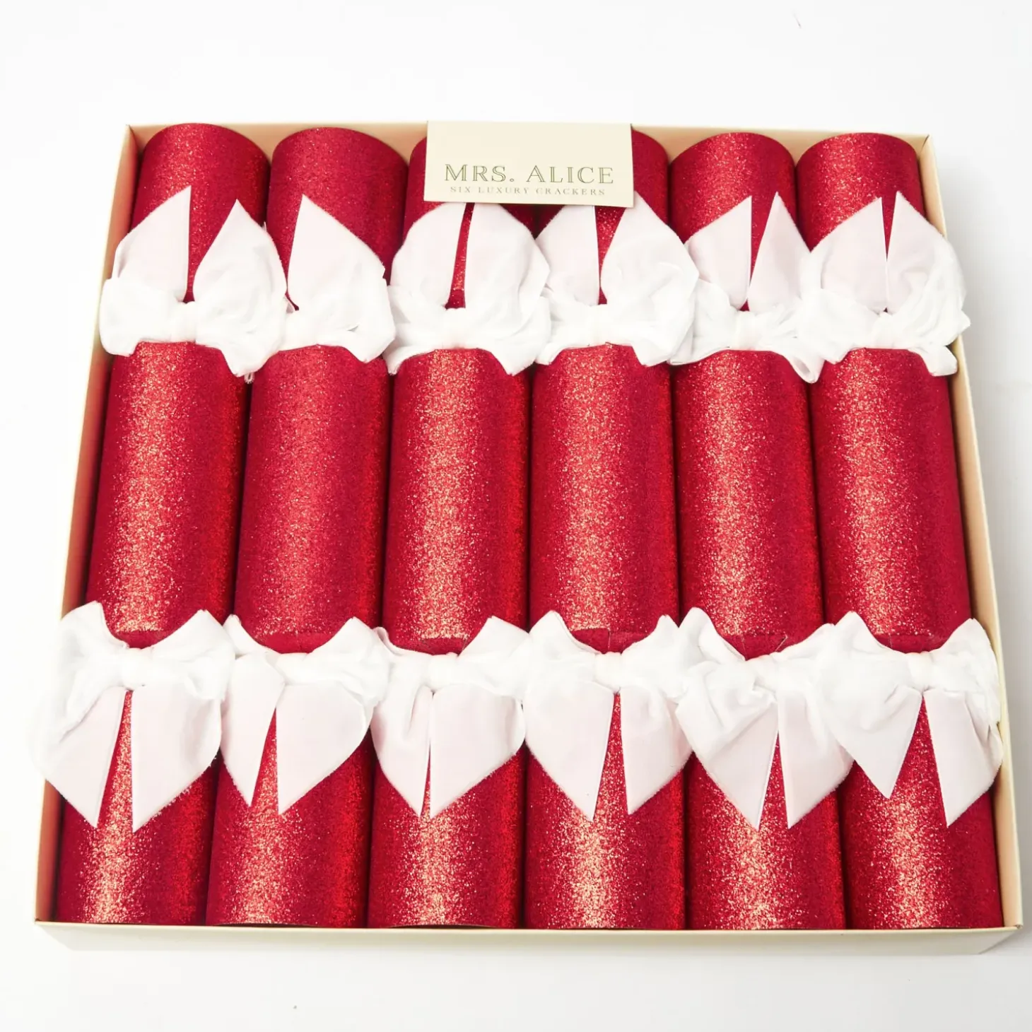 Red Glitter Crackers With White Velvet Bows (Set of 6)