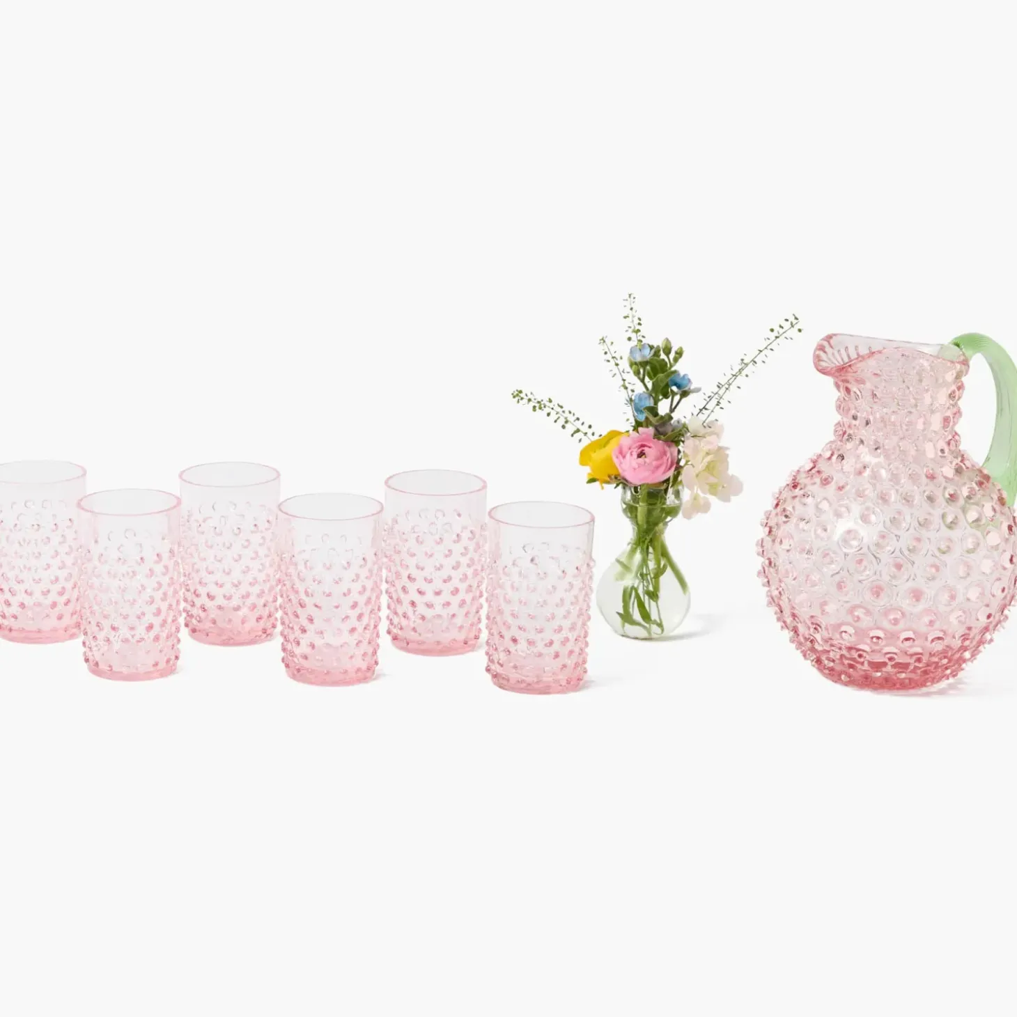 Rose Hobnail Jug with Emerald Handle & Glasses (Set of 6)