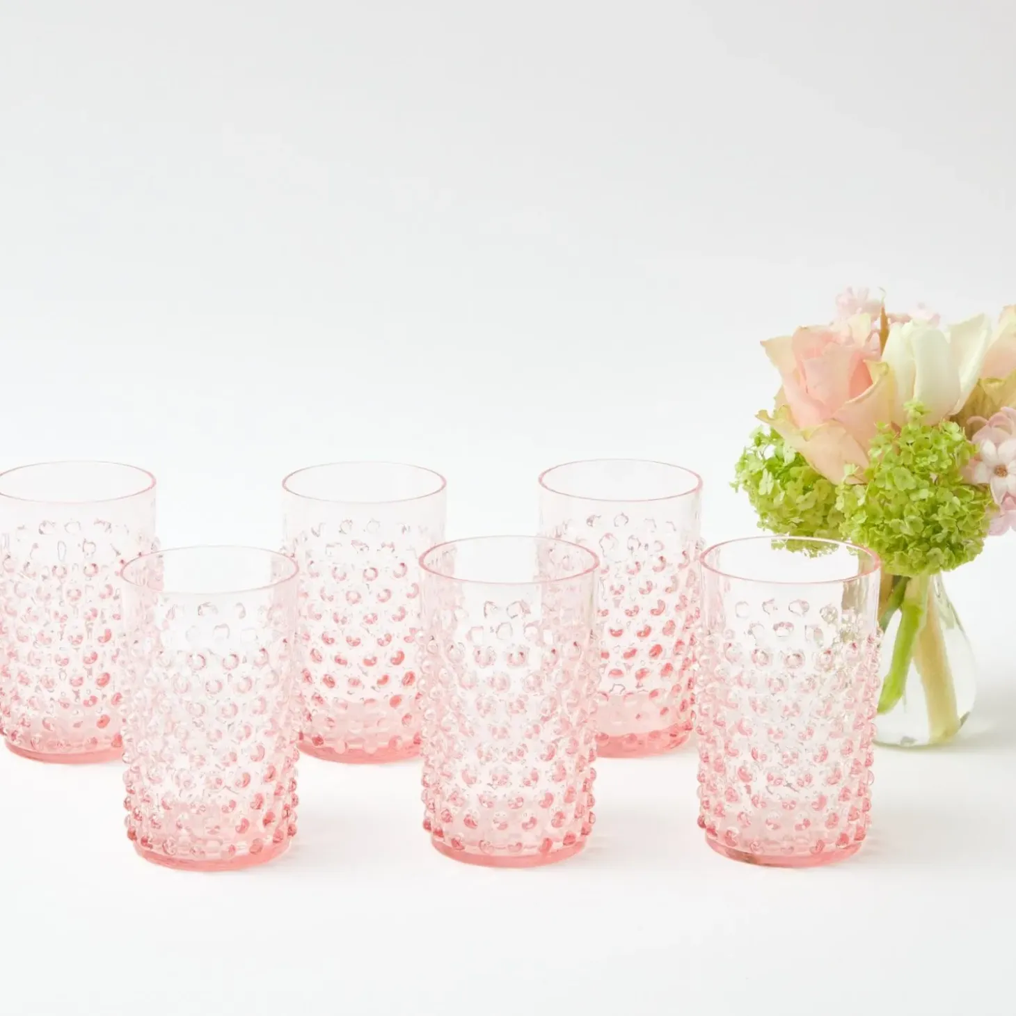 Rose Hobnail Jug with Emerald Handle & Glasses (Set of 6)
