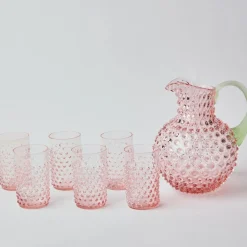 Rose Hobnail Jug with Emerald Handle & Glasses (Set of 6)