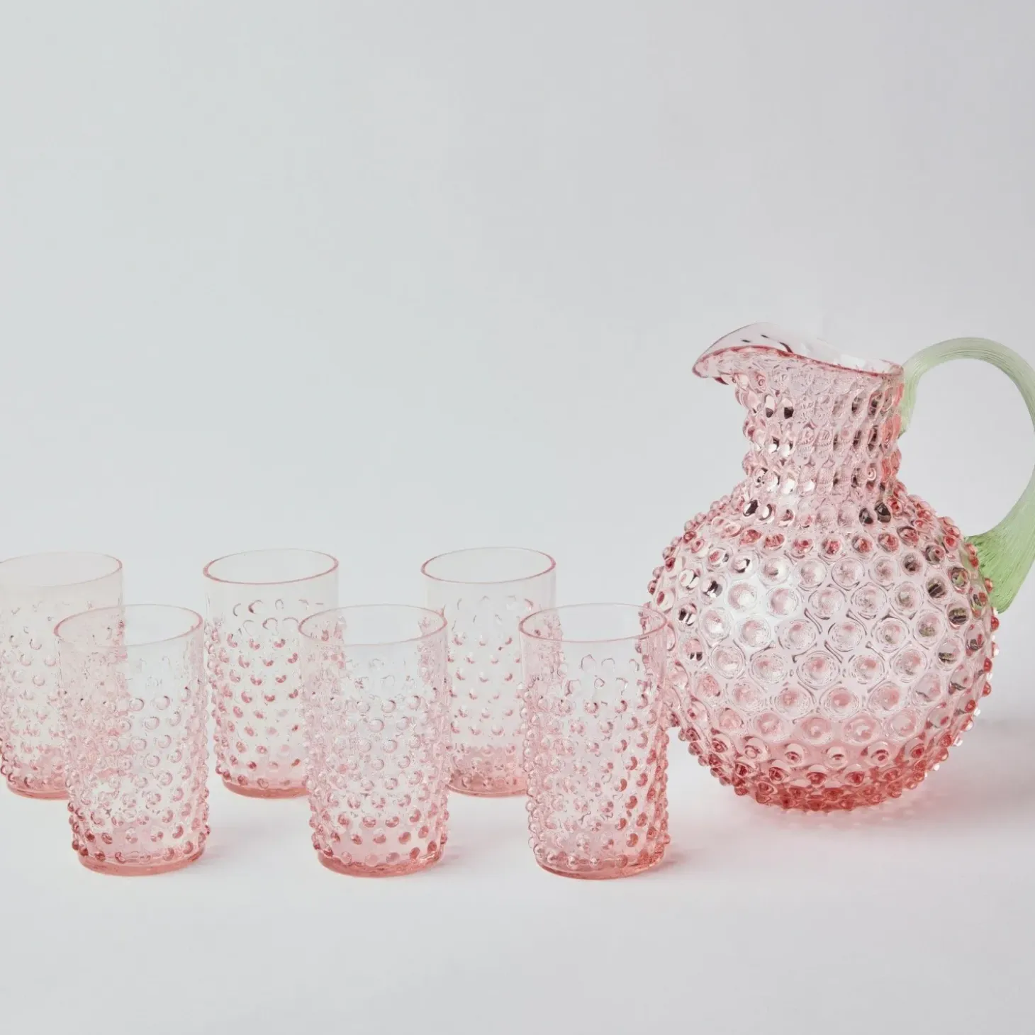 Rose Hobnail Jug with Emerald Handle & Glasses (Set of 6)