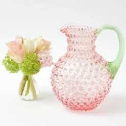 Rose Hobnail Jug with Emerald Handle & Glasses (Set of 6)