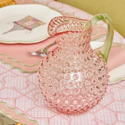 Rose Hobnail Jug with Emerald Handle & Glasses (Set of 6)