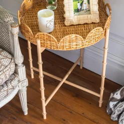 Round Scalloped Rattan Tray With Stand