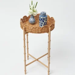 Round Scalloped Rattan Tray With Stand
