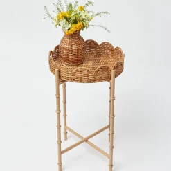 Round Scalloped Rattan Tray With Stand