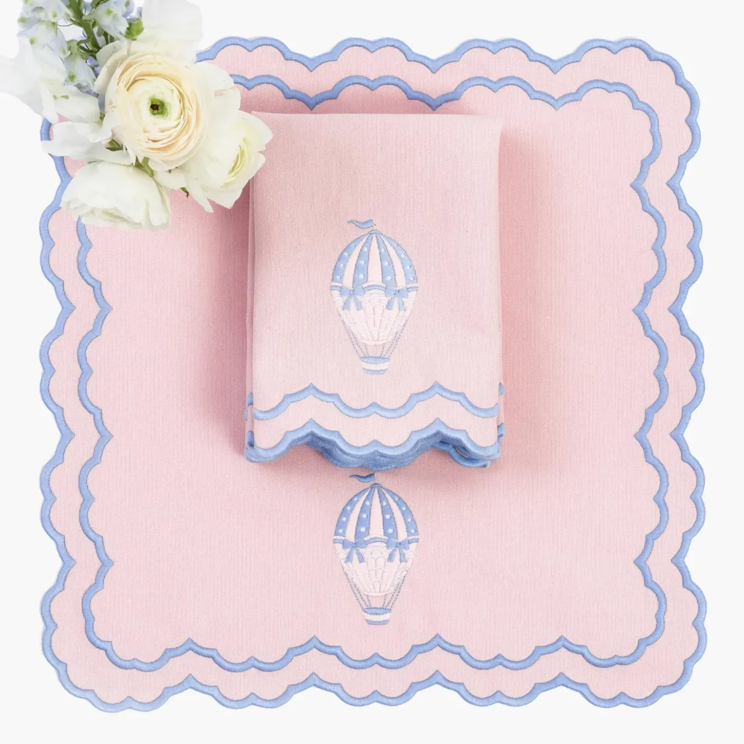 Sarah Pink & Blue Hot Air Balloon Embroidered Napkins (Set of 4)