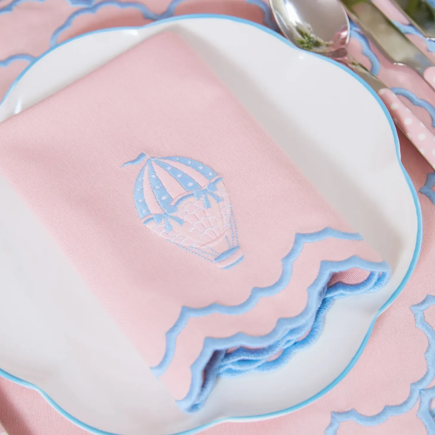 Sarah Pink & Blue Hot Air Balloon Embroidered Napkins (Set of 4)