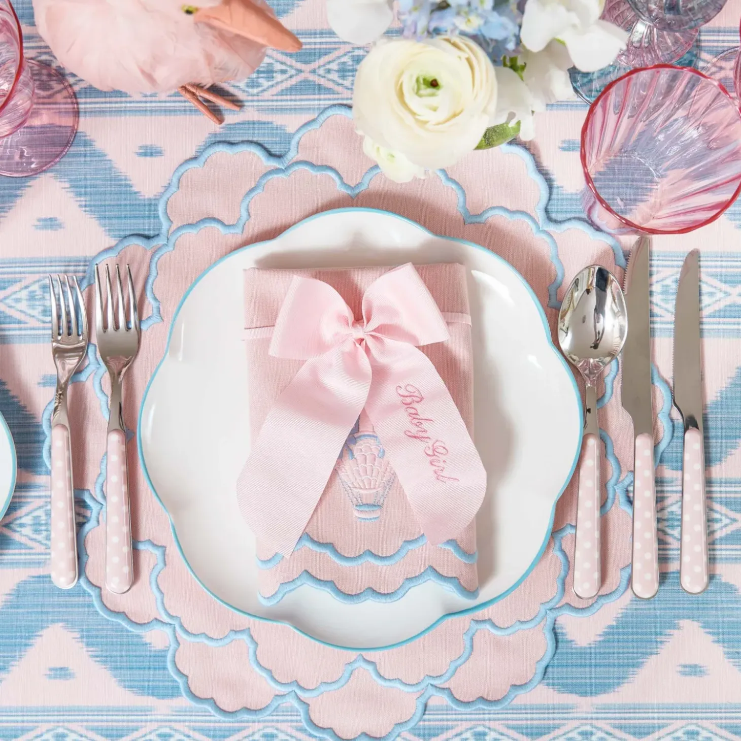 Sarah Pink & Blue Hot Air Balloon Embroidered Napkins (Set of 4)
