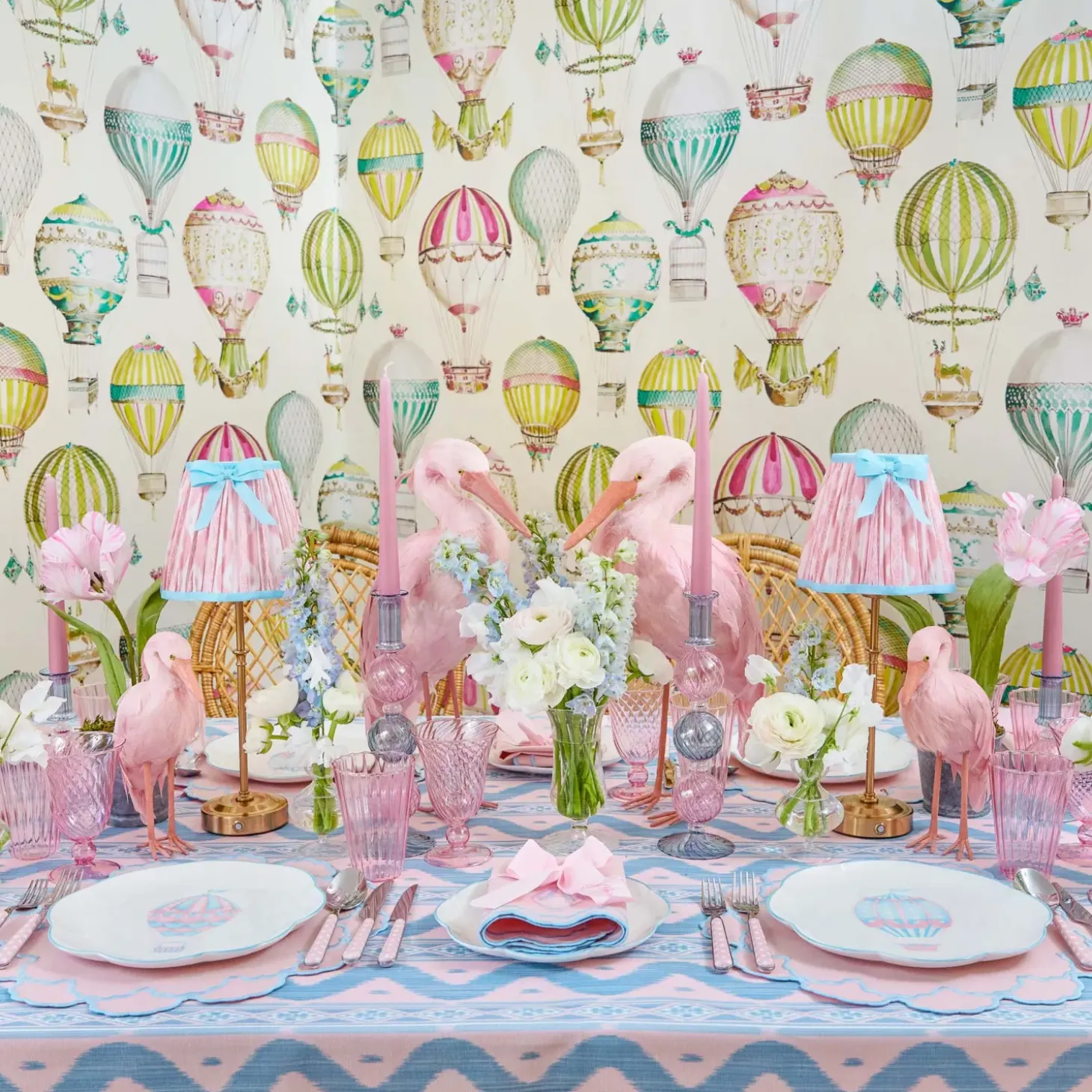 Sarah Pink & Blue Hot Air Balloon Embroidered Napkins (Set of 4)