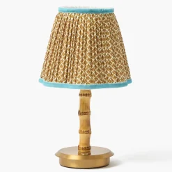 Short Bamboo Rechargeable Lamp with Caramel & Blue Lotus Shade (18cm)