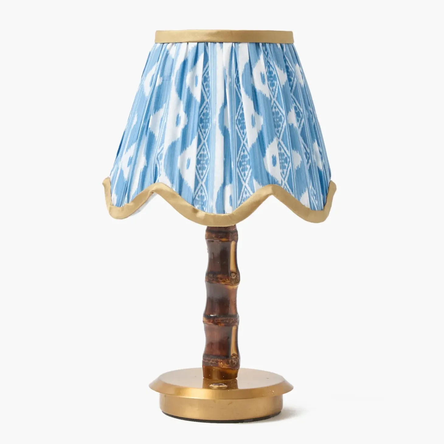 Short Burnt Bamboo Rechargeable Lamp with Blue & Putty Ikat Shade (18cm)