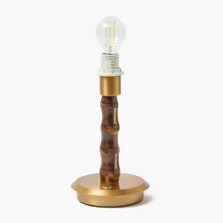 Short Burnt Bamboo Rechargeable Lamp with Blue & Putty Ikat Shade (18cm)