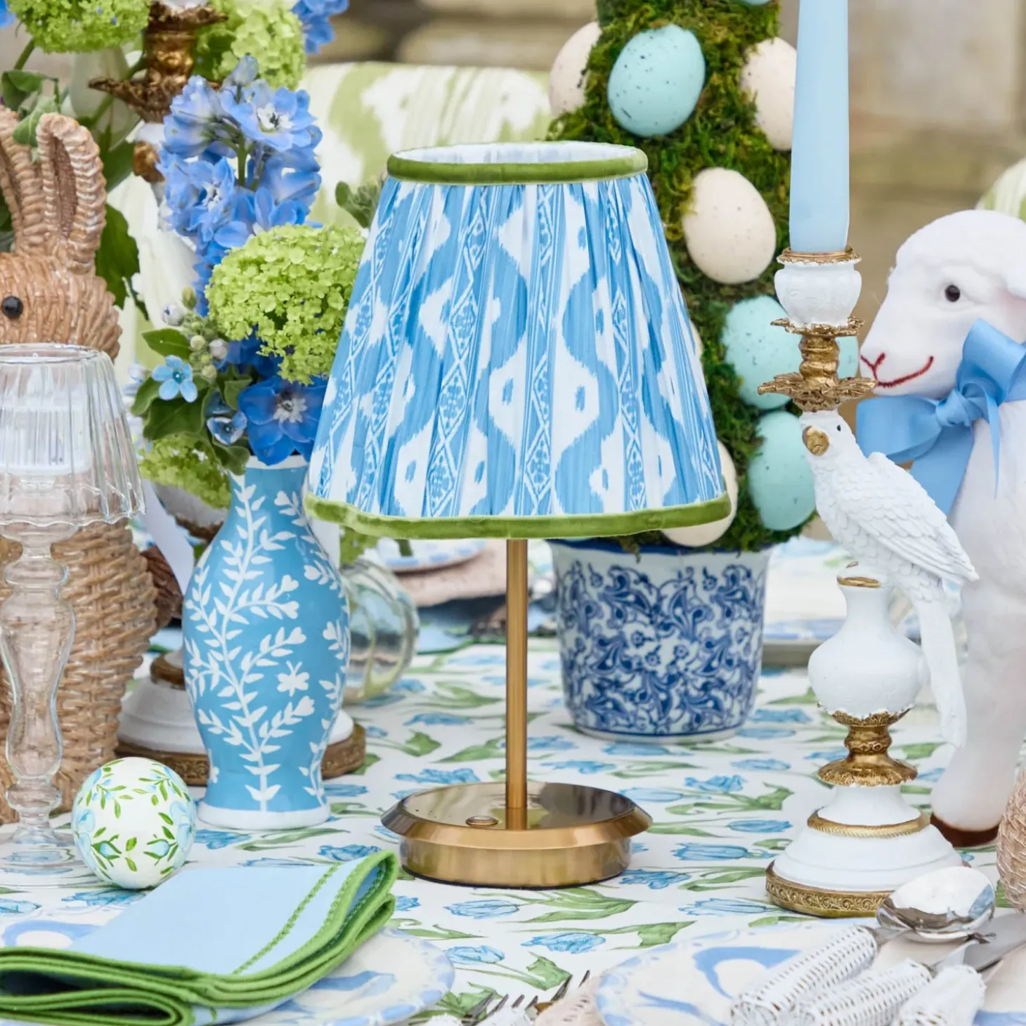 Short Rechargeable Lamp with Blue & Green Ikat Shade (18cm)