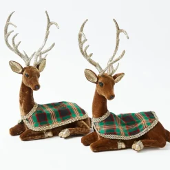 Sitting Tartan Flocked Deer (Pair)