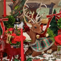 Sitting Tartan Flocked Deer (Pair)