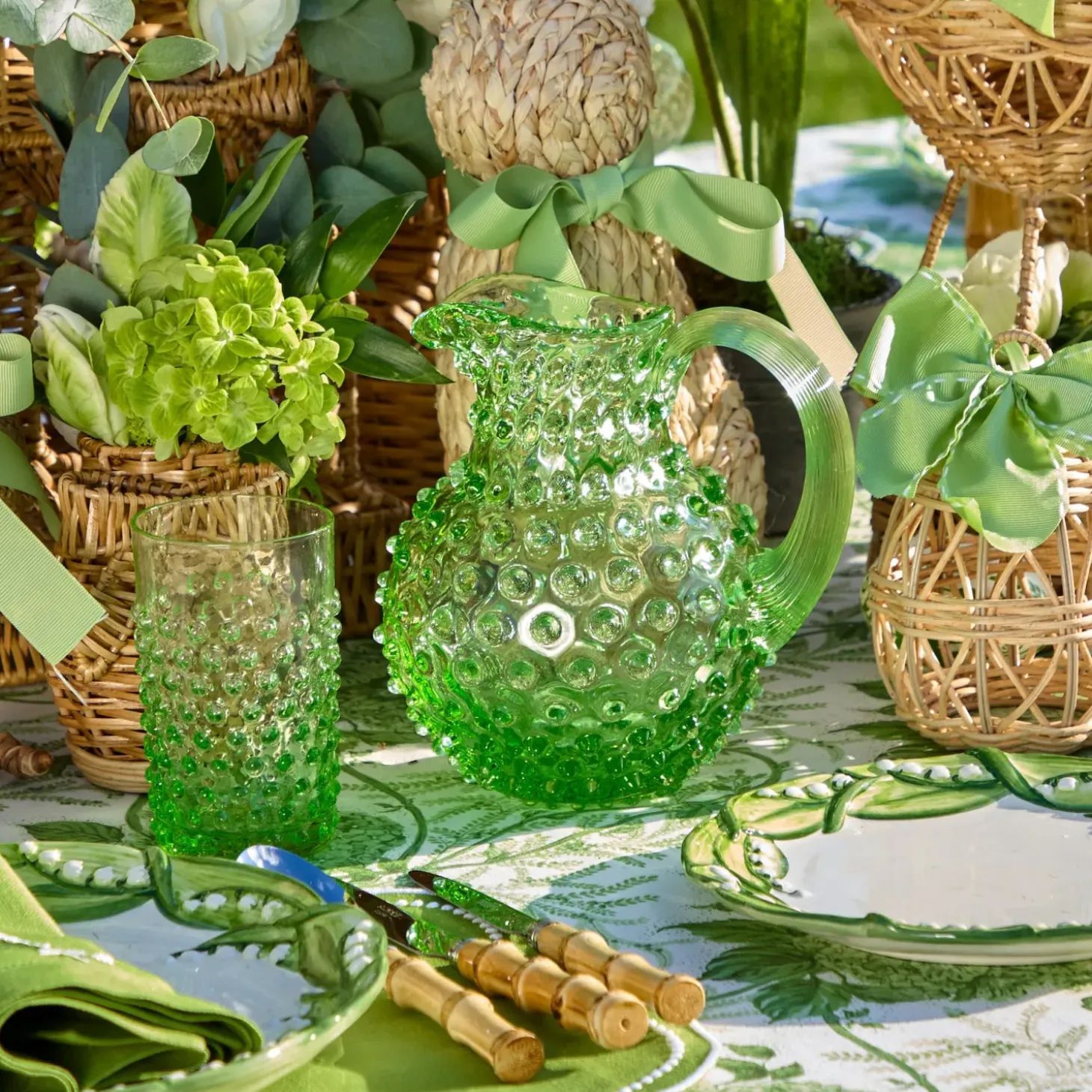 Small Emerald Hobnail Jug & Glasses (Set of 6)