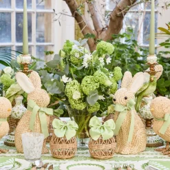 Small Rattan Woven Egg with Green Saddlestitch Bows (Pair)