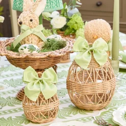 Small Rattan Woven Egg with Green Saddlestitch Bows (Pair)