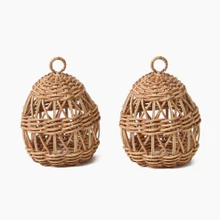 Small Rattan Woven Egg with Green Saddlestitch Bows (Pair)
