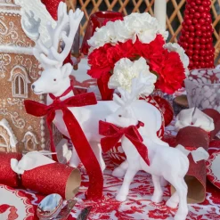 Small White Flocked Reindeer with Velvet Bows (Set of 4)
