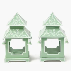 Soft Green Mini Chinoiserie Pagoda Lanterns (Pair)