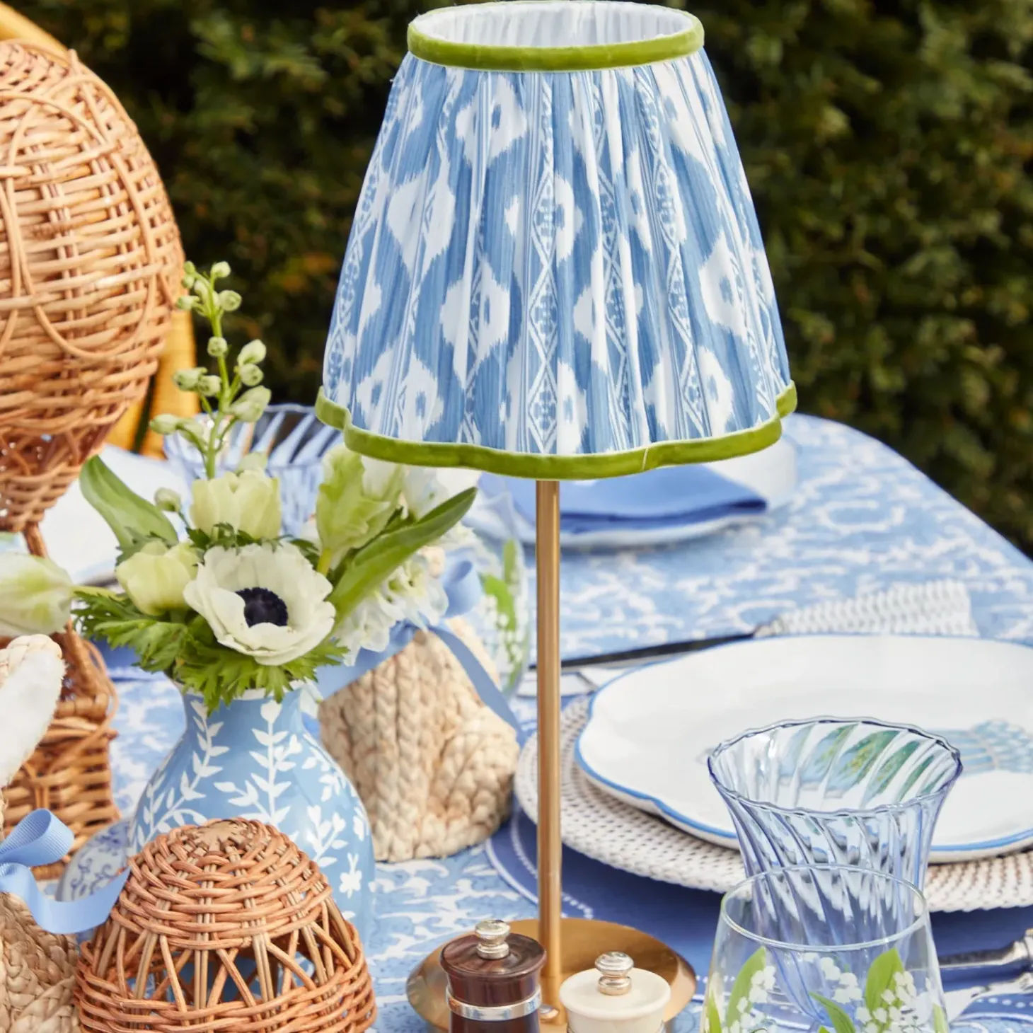 Tall Rechargeable Lamp with Blue & Green Ikat Shade (18cm)