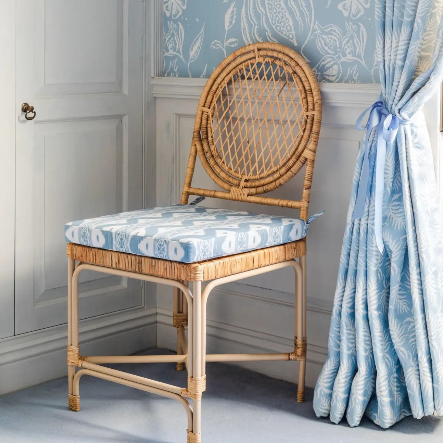 Vivienne Rattan Chair with Ikat Seat Pad Cushion