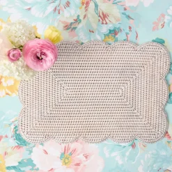 White Rectangular Scalloped Rattan Placemats (Set of 4)